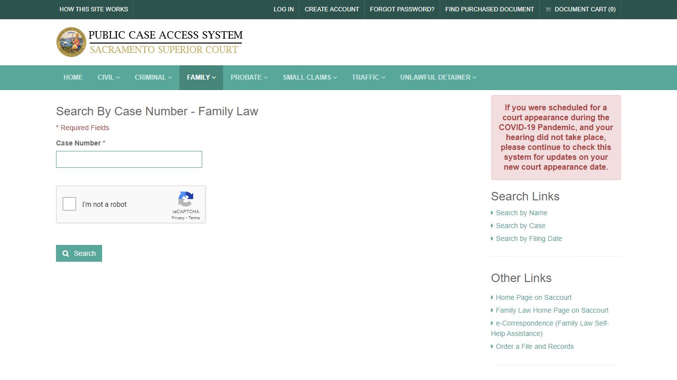 Search By Case Number - Family Law - Court Services: Authorized Access Only